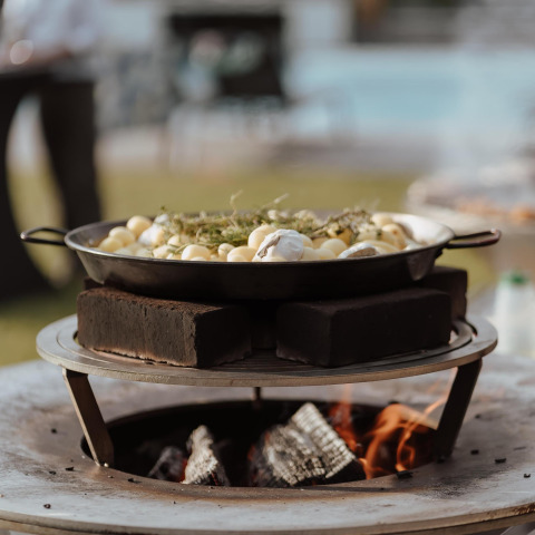 Cuisine en plein air à Wellness Lodge, Hof van Salland, Pays-Bas, avec feu et casserole sur le gril.