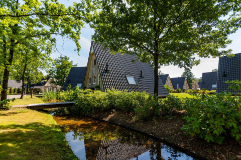 Wellness Lodge ved Hof van Salland, Holland med A-formede hytter og skovklædt område med bæk.