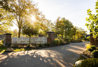 Entrada a Wellness Lodge en Hof van Salland, Países Bajos, con árboles verdes y luz solar al atardecer.