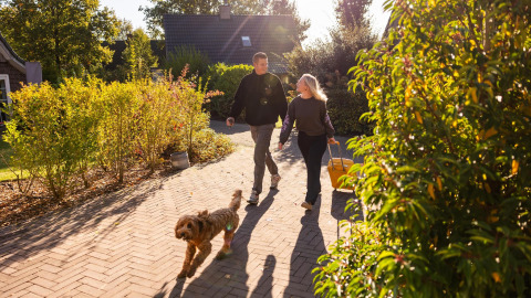 Pareja camina junto a su perro por un sendero soleado en Wellness Lodge de Hof van Salland, Países Bajos.