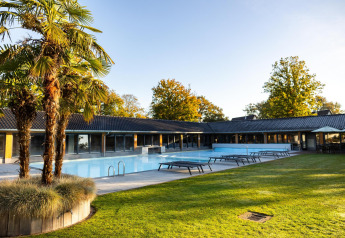 Piscina esterna al Wellness Lodge di Hof van Salland, Paesi Bassi, con lettini e palme.