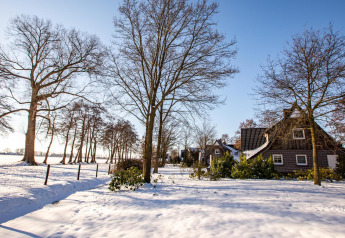 Vista invernale della Wellness Lodge all'Hof van Salland nei Paesi Bassi, con neve e alberi spogli.