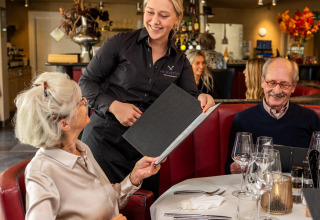 Una camarera sonriente atiende a una pareja mayor con menús en un restaurante acogedor de Países Bajos.