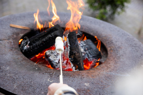 Tostatura di marshmallow su un fuoco Vivo al Wellness Lodge presso Hof van Salland, nei Paesi Bassi.