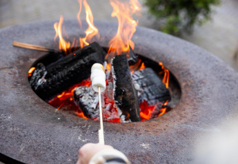 Tostatura di marshmallow su un fuoco Vivo al Wellness Lodge presso Hof van Salland, nei Paesi Bassi.