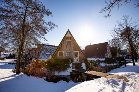 Snow-covered Wellness Lodge tiny house at Hof van Salland, Netherlands, surrounded by trees in winter sun.