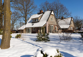 Pequeña casa Wellness Lodge en Hof van Salland, Países Bajos, cubierta de nieve bajo un cielo soleado.