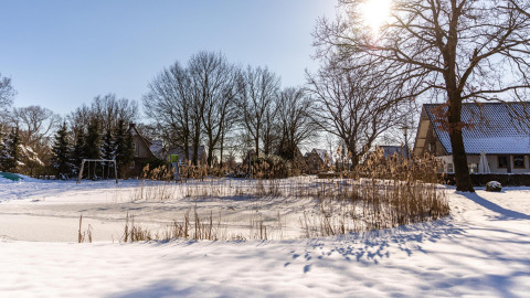 Vinterudsigt over Wellness Lodge ved Hof van Salland i Holland, sneklædte træer og små huse i solen.