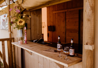 Bancone di legno in tenda glamping safari al Holiday park Eigen Wijze, Olanda, con birra e fiori.