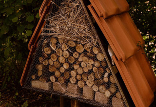 Hotel para insectos con madera y paja, visto junto a una tienda glamping en Holiday park Eigen Wijze, Países Bajos.