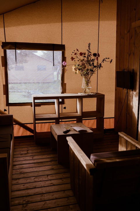 Interior de tienda safari con muebles de madera, flores secas en jarrón y luz suave entrando por la ventana.