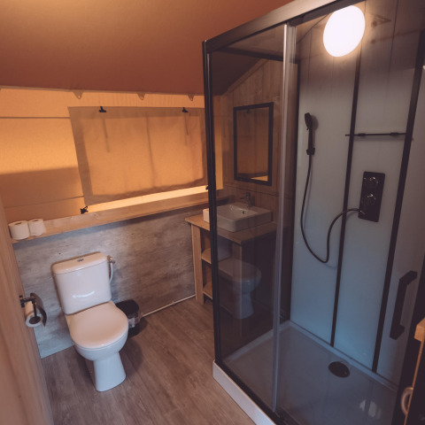Baño en una tienda glamping en Holiday Park Eigen Wijze, Países Bajos, con ducha, inodoro y lavabo moderno.