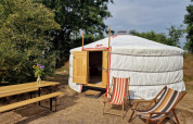 En mongolsk yurt med åben dør, liggestole og bord i naturen ved Zomerlicht i Holland, omgivet af træer.