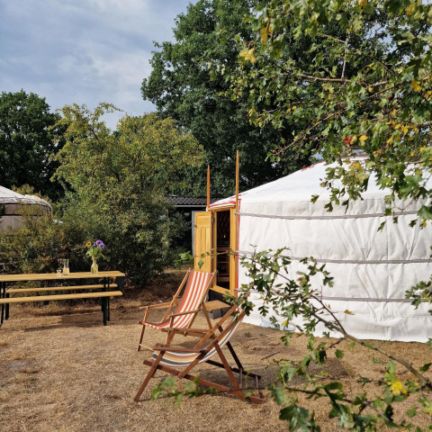 Vista exterior de una yurta mongola con sillas y banco en Zomerlicht Nature House, Países Bajos.