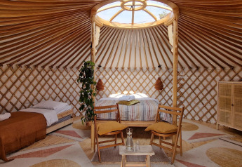Helder, modern yurtinterieur met bedden en houten meubels, gefotografeerd in een charmant natuurhuis.