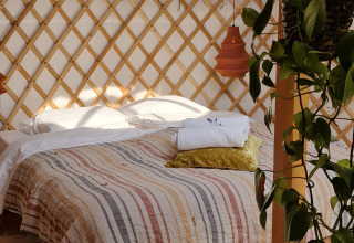 Acogedor interior de casa natural con cama, planta colgante, luz suave y pared de celosía de madera.
