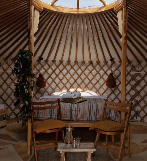 Indretning af et hyggeligt naturhus med træstole, seng, planter og ovenlys, inspireret af en traditionel jurte.