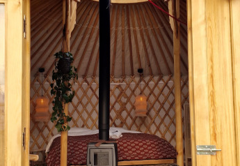 Indgang til en hyggelig, mongolsk inspireret yurt med brændeovn, seng og hængende planter i Nederlandene.