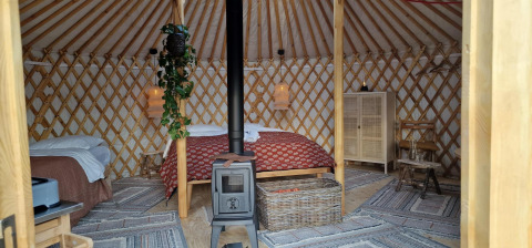 Sfeervol interieur van een Mongoolse yurt bij Zomerlicht in Nederland, met bedden, houtkachel en decor.