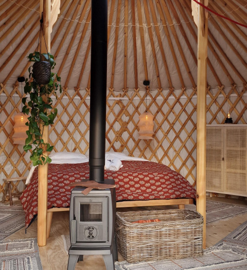 Knus interieur van een Mongoolse yurt met houtkachel, bed, hangplant en mand bij Zomerlicht, Nederland.