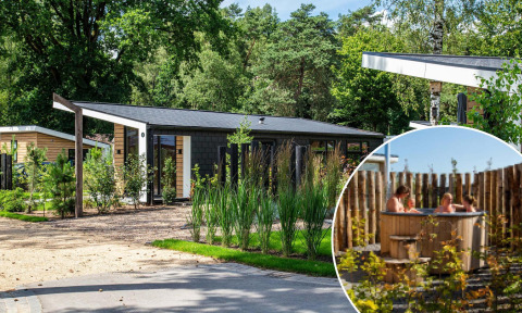 Foto de un moderno lodge entre la naturaleza con imagen inserta de personas disfrutando en un jacuzzi exterior.