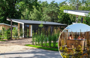 Foto de un moderno lodge entre la naturaleza con imagen inserta de personas disfrutando en un jacuzzi exterior.