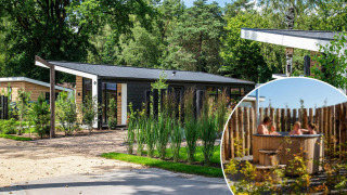 Photo of a stylish lodge surrounded by greenery with an inset showing guests relaxing in an outdoor hot tub.