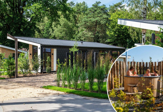 Foto di un moderno lodge in mezzo al verde e immagine inserita di ospiti che si rilassano in una vasca idromassaggio.