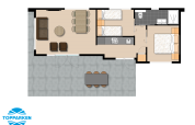 Plattegrond van een lodge met leefruimte, twee slaapkamers, keuken, badkamer en buitenterras.