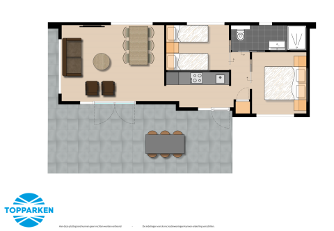Plano de una cabaña con sala de estar, dos dormitorios, cocina, baño y terraza exterior.
