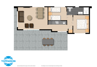 Plattegrond van een lodge met leefruimte, twee slaapkamers, keuken, badkamer en buitenterras.