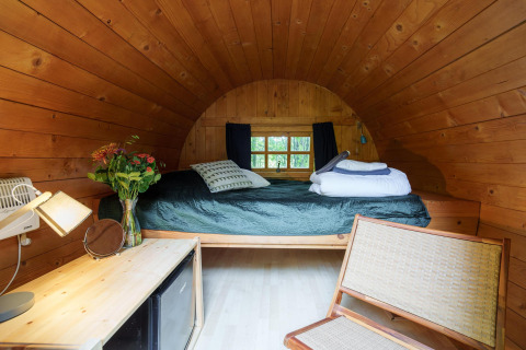 Gemütlicher Holzkabinenraum mit gewölbter Decke, Bett, Blumen und natürlichem Licht durch Fenster.