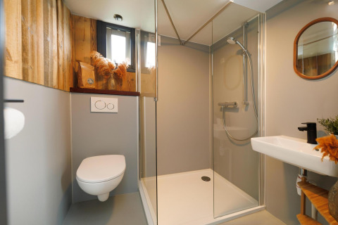 Moderne badeværelse på Rescue Cottage, Duynpark Het Zwanenwater, med bruser, toilet og vask.