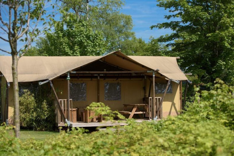 Luxe lodge safaritent met veranda in het groen bij vakantiepark De Kleine Belties, Nederland.