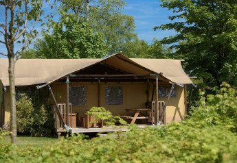 Tente safari lodge de luxe avec terrasse dans un cadre verdoyant au parc De Kleine Belties, Pays-Bas.
