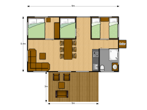 Plattegrond van een luxueuze safaritent met slaapkamers, badkamer en zitruimte in De Kleine Belties park.