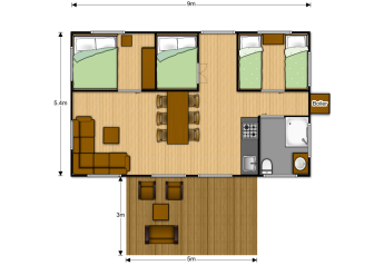 Plattegrond van een luxe safaritent met slaapkamers, badkamer en woonkamer bij De Kleine Belties park.