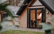 Exterior of the Wellness Lodge tiny house at Holiday Park De IJsvogel in the Netherlands, surrounded by trees.
