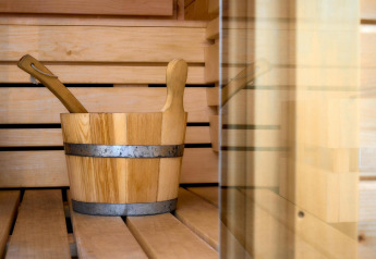 Indvendigt billede af en traditionel sauna med træbænk, spand og øse i Wellness Lodge, De IJsvogel.