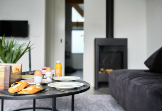 Sala moderna en Wellness Lodge de Holiday Park De IJsvogel con desayuno, sofá negro y chimenea.