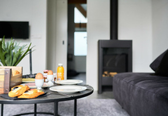 Soggiorno moderno nella Wellness Lodge al Holiday Park De IJsvogel con colazione, divano nero e camino.