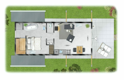 Grundriss einer Wellness Lodge im Holiday Park De IJsvogel mit Schlafzimmer, Bad und Terrasse.