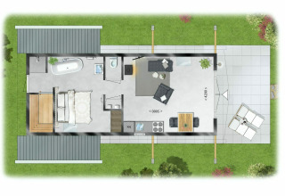 Plano de una Wellness Lodge en Holiday Park De IJsvogel con dormitorio, baño y patio exterior.