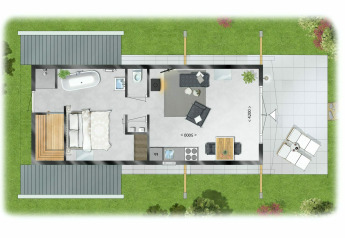 Plattegrond van een Wellness Lodge bij Holiday Park De IJsvogel met slaapkamer, badkamer en terras.