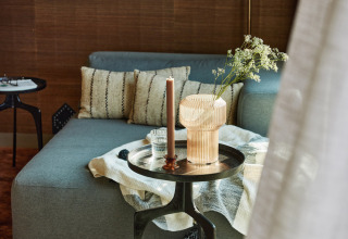 Hedendaagse woonkamer in Unbrick One | Sauna bij Brinckerduyn, Nederland, met zetel en trendy bijzettafel.