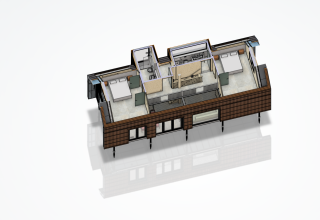 3D-weergave van het interieur van Unbrick One-lodge met sauna bij Brinckerduyn in Nederland, indeling te zien.