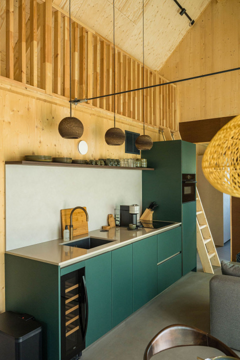 Moderne Küche mit grünen Schränken, Holzverkleidung und Hängelampen in der Unbrick One Lodge, Niederlande.