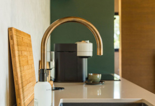 Moderne Spüle mit goldenem Wasserhahn, Schneidebrett und Kaffeemaschine in Unbrick One | Sauna und Pool Brinckerduyn.
