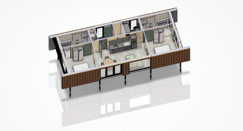 Plano 3D de una moderna cabaña con dos habitaciones, sala, cocina y baño en los Países Bajos.