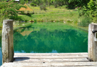 Naturlig swimmingpool med træbro og grønne omgivelser ved Eco domaine Le Camp i Occitanie, Frankrig.